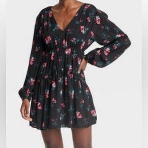 A NEW DAY Floral Print Balloon Sleeve Ruffle Hem Mini Dress Black